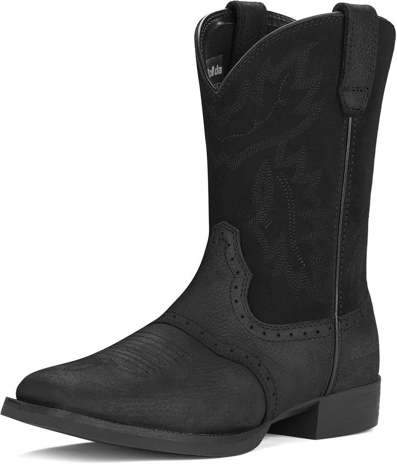 Rollda Leather Cowboy Boots for Men Western Boots Square Toe Chunky Heel Mid-Calf Boots Classic Embroidered with Pull On Tabs - Image 1